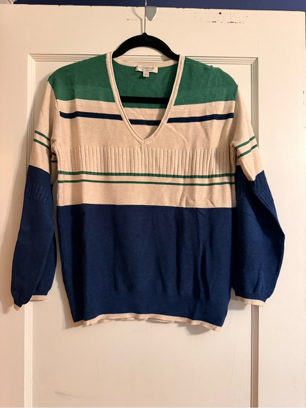 Liverpool Los Angel Vineyard Vines Striped V-Neck Sweater in Green, Cream & Navy